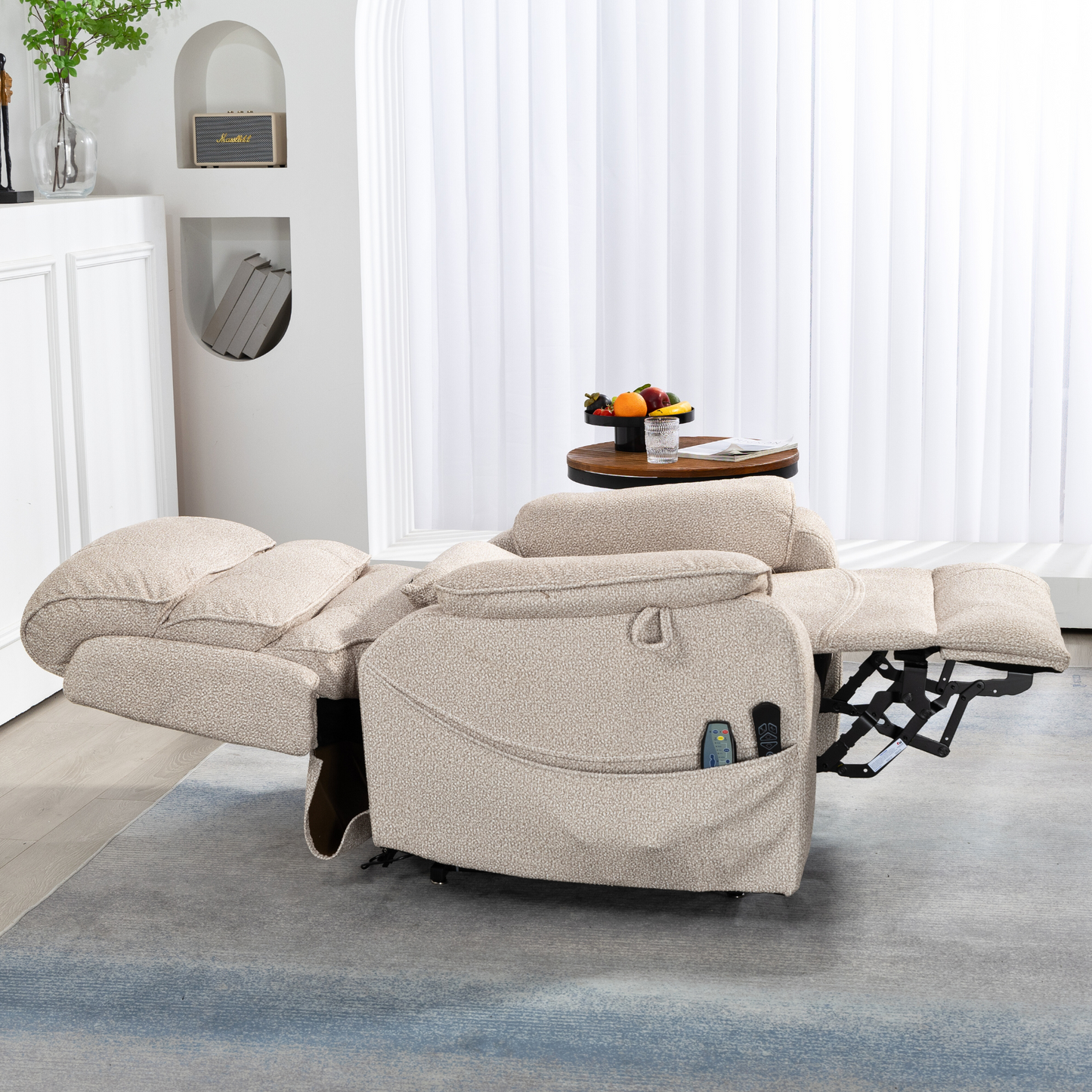 Pinnacle Lay Flat Recliner with Fold Out Tray Cup Holder & Wireless Phone Charger - Heat & Massage - Beige Chenille