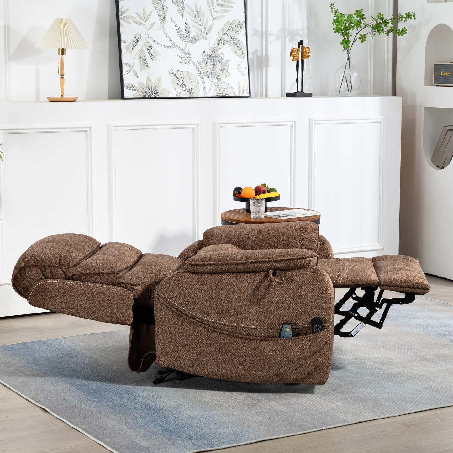 Pinnacle Lay Flat Recliner with Fold Out Tray Cup Holder & Wireless Phone Charger - Heat & Massage - Brown Chenille