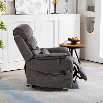 Pinnacle Lay Flat Recliner with Fold Out Tray Cup Holder & Wireless Phone Charger - Heat & Massage - Grey Chenille (Grainy Fabric)