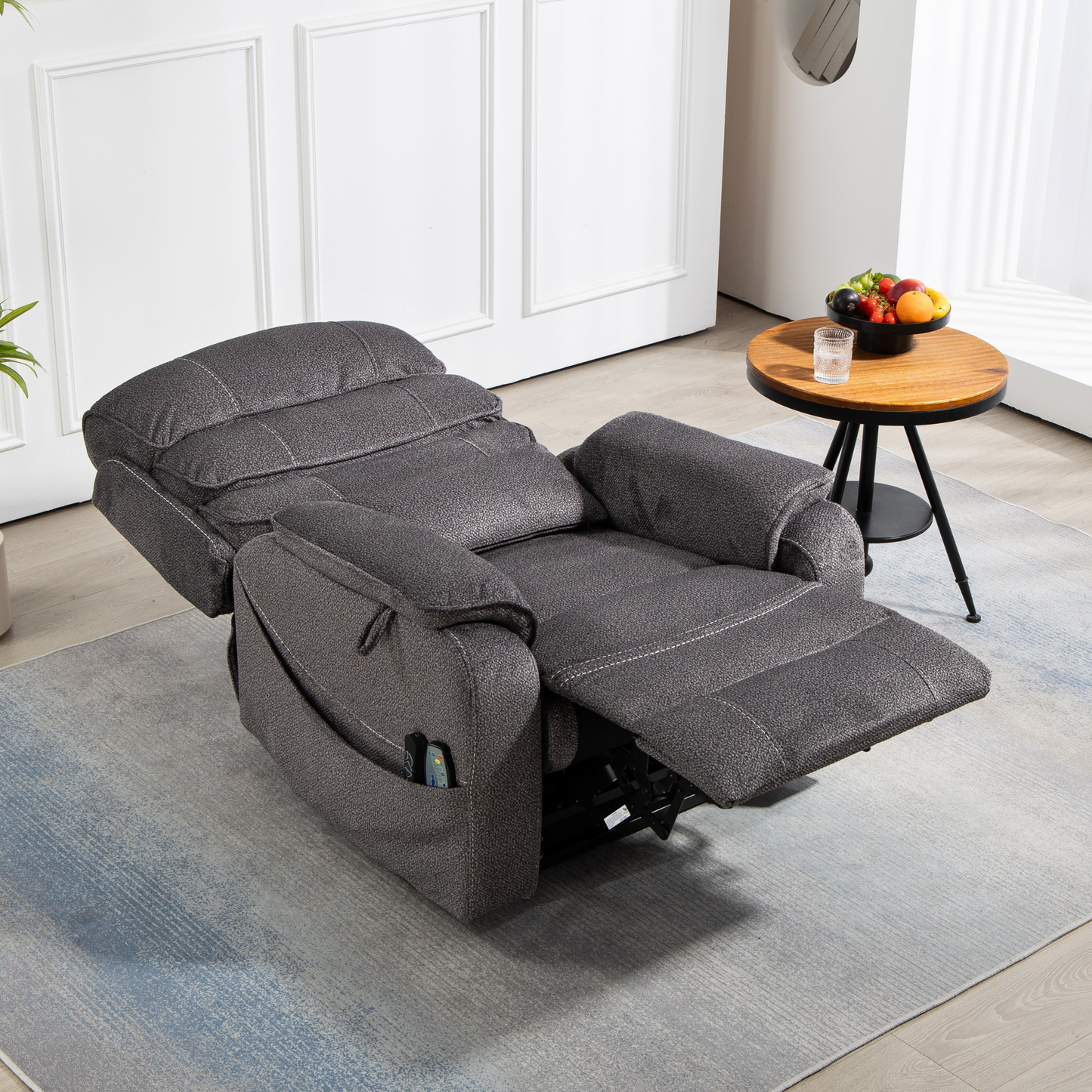 Pinnacle Lay Flat Recliner with Fold Out Tray Cup Holder & Wireless Phone Charger - Heat & Massage - Grey Chenille (Grainy Fabric)