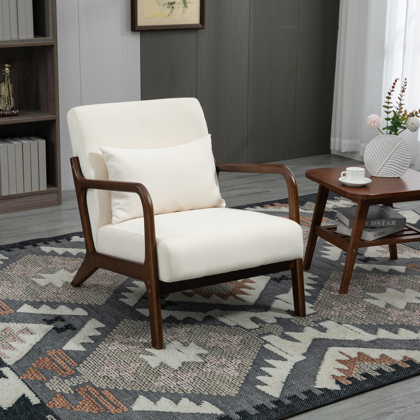 Mid-Century Modern Accent Chair - Solid Wood Frame with Upholstered Lumbar Cushion