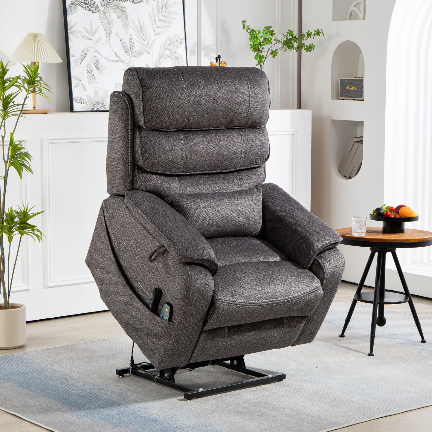 Pinnacle Lay Flat Recliner with Fold Out Tray Cup Holder & Wireless Phone Charger - Heat & Massage - Grey Chenille (Grainy Fabric)