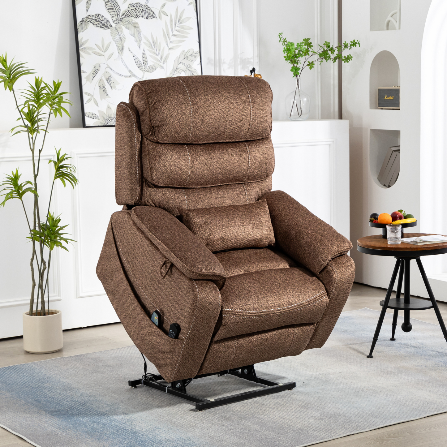 Pinnacle Lay Flat Recliner with Fold Out Tray Cup Holder & Wireless Phone Charger - Heat & Massage - Brown Chenille