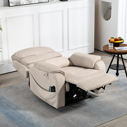 Pinnacle Lay Flat Recliner with Fold Out Tray Cup Holder & Wireless Phone Charger - Heat & Massage - Beige Chenille