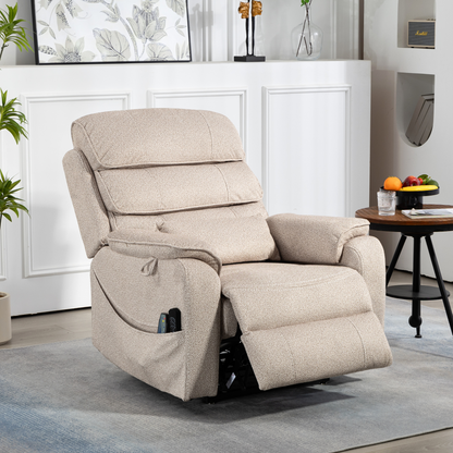 Pinnacle Lay Flat Recliner with Fold Out Tray Cup Holder & Wireless Phone Charger - Heat & Massage - Beige Chenille