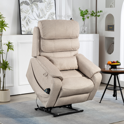 Pinnacle Lay Flat Recliner with Fold Out Tray Cup Holder & Wireless Phone Charger - Heat & Massage - Beige Chenille