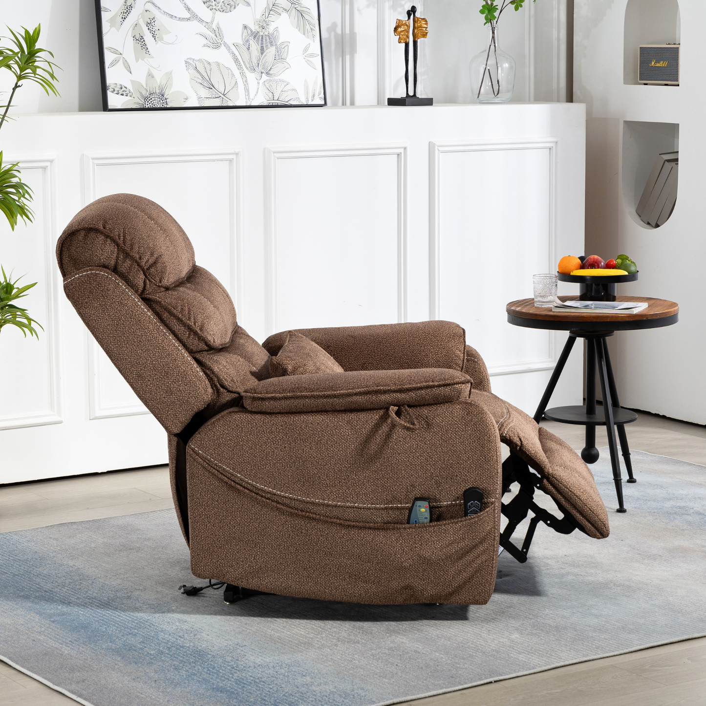 Pinnacle Lay Flat Recliner with Fold Out Tray Cup Holder & Wireless Phone Charger - Heat & Massage - Brown Chenille