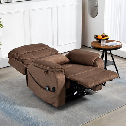 Pinnacle Lay Flat Recliner with Fold Out Tray Cup Holder & Wireless Phone Charger - Heat & Massage - Brown Chenille