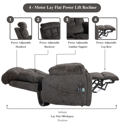 JUUXO Majesty Oversized 4-Motor Lay Flat Lift Recliner Chair with Heat & Massage - 400 lb - Dark BrownChenille