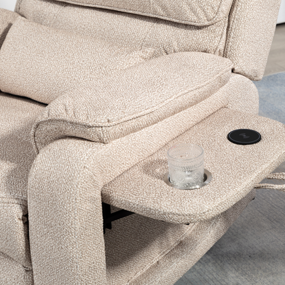 Pinnacle Lay Flat Recliner with Fold Out Tray Cup Holder & Wireless Phone Charger - Heat & Massage - Beige Chenille