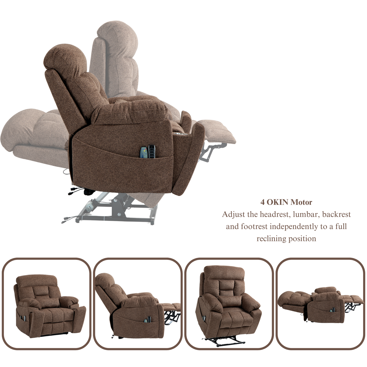 JUUXO Majesty Oversized 4-Motor Lay Flat Lift Recliner Chair with Heat & Massage - 400 lb - Dark BrownChenille