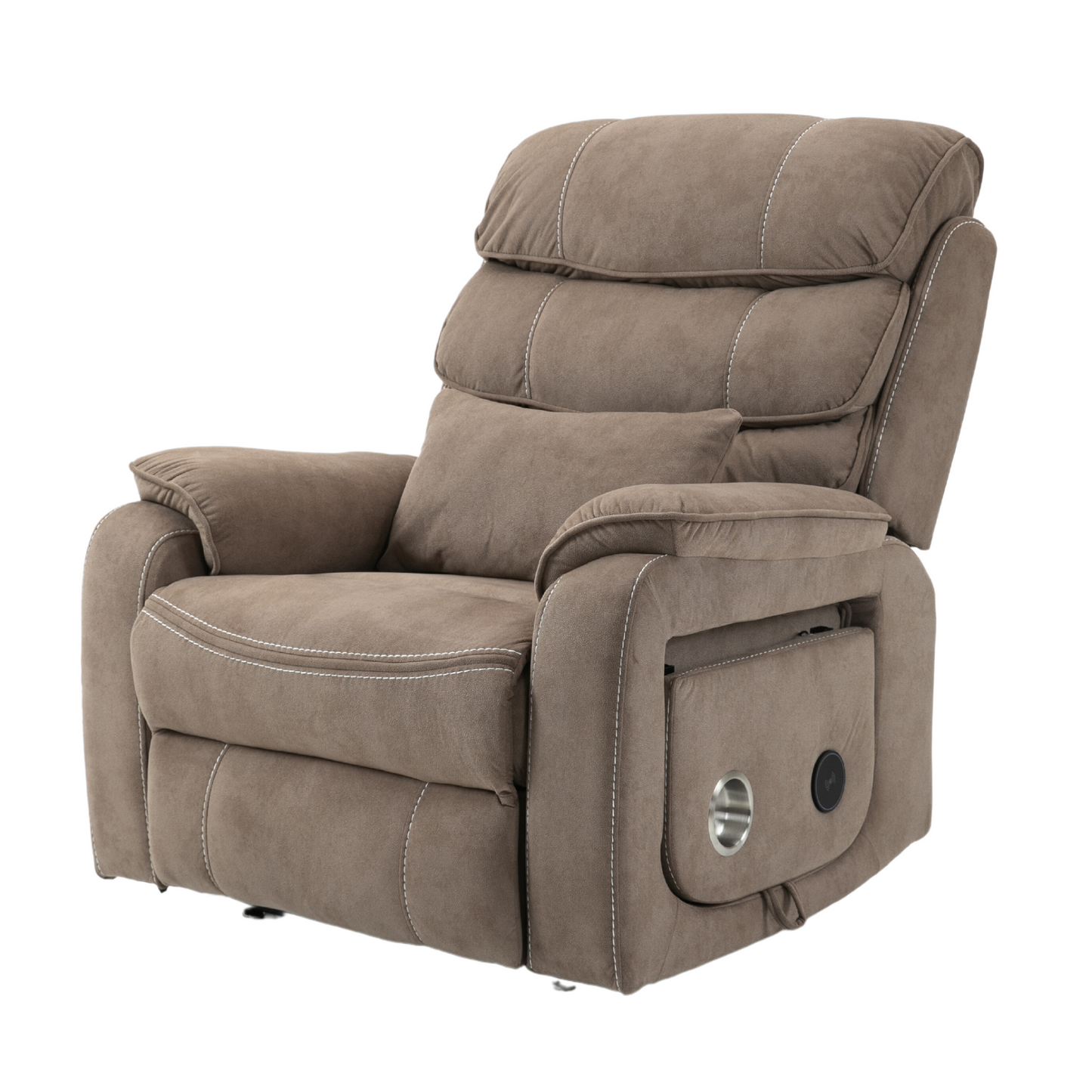 Pinnacle Lay Flat Recliner with Fold Out Tray Cup Holder & Wireless Phone Charger - Heat & Massage - Light Brown Velvet