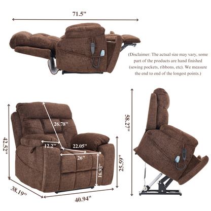 Titan 2.0 Oversized Lay Flat Recliner Dual Motor Lift Chair with Heat & Massage - 400 lbs Capacity- Chocolate Chenille