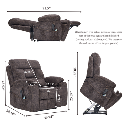 Titan 2.0 Oversized Lay Flat Recliner Dual Motor Lift Chair with Heat & Massage - 400 lbs Capacity- Truffle Chenille