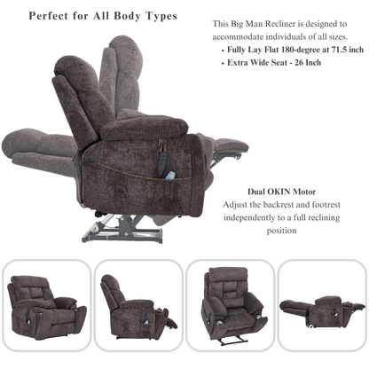 Titan 2.0 Oversized Lay Flat Recliner Dual Motor Lift Chair with Heat & Massage - 400 lbs Capacity- Truffle Chenille