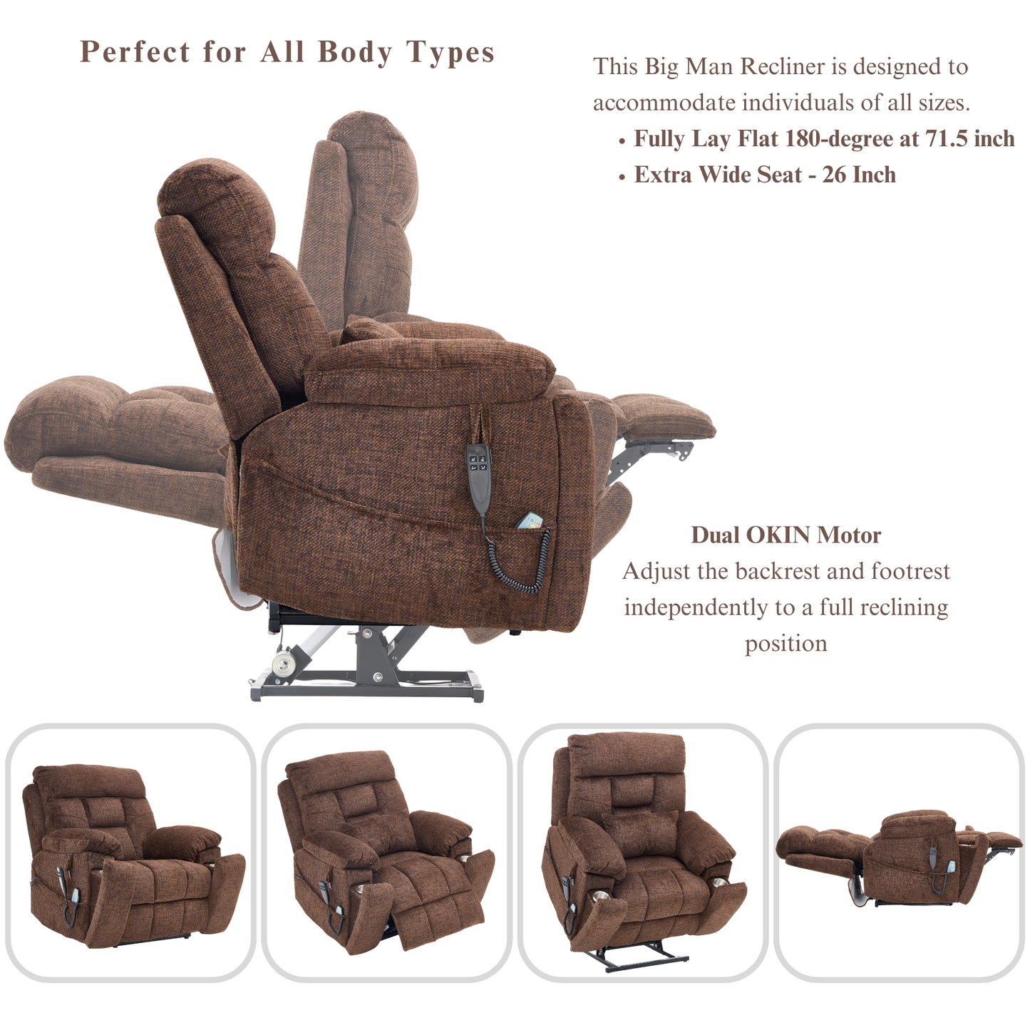 Titan 2.0 Oversized Lay Flat Recliner Dual Motor Lift Chair with Heat & Massage - 400 lbs Capacity- Chocolate Chenille