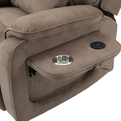 Pinnacle Lay Flat Recliner with Fold Out Tray Cup Holder & Wireless Phone Charger - Heat & Massage - Light Brown Velvet