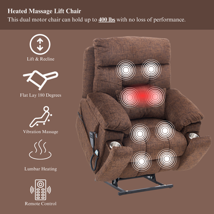 Titan 2.0 Oversized Lay Flat Recliner Dual Motor Lift Chair with Heat & Massage - 400 lbs Capacity- Chocolate Chenille