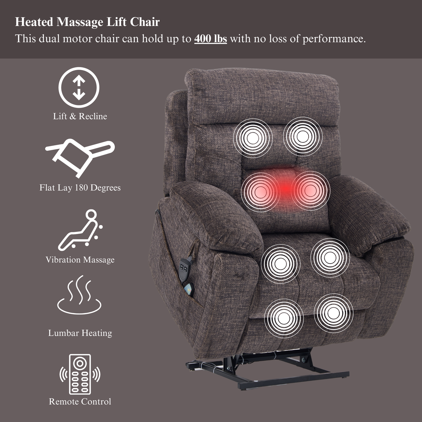 Titan 2.0 Oversized Lay Flat Recliner Dual Motor Lift Chair with Heat & Massage - 400 lbs Capacity- Truffle Chenille