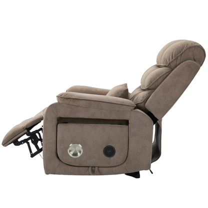 Pinnacle Lay Flat Recliner with Fold Out Tray Cup Holder & Wireless Phone Charger - Heat & Massage - Light Brown Velvet