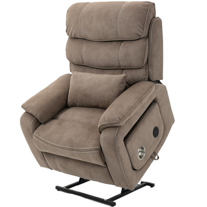 Pinnacle Lay Flat Recliner with Fold Out Tray Cup Holder & Wireless Phone Charger - Heat & Massage - Light Brown Velvet