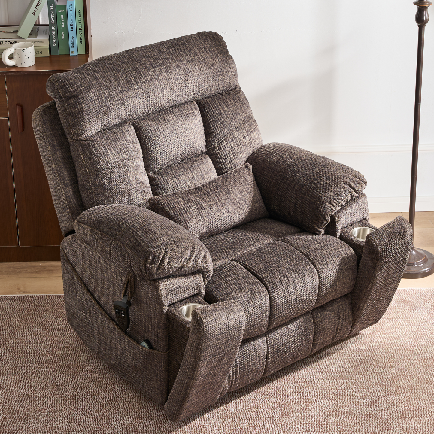 Titan 2.0 Oversized Lay Flat Recliner Dual Motor Lift Chair with Heat & Massage - 400 lbs Capacity- Truffle Chenille