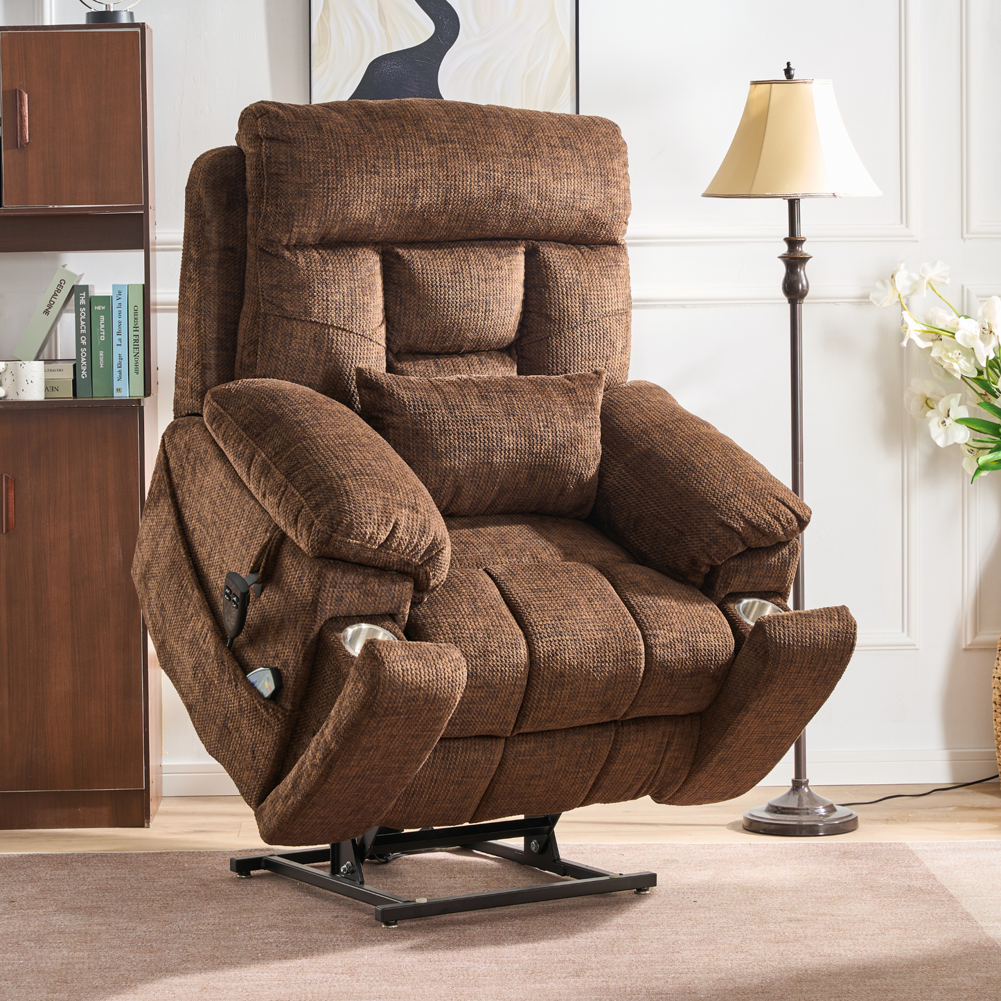 Titan 2.0 Oversized Lay Flat Recliner Dual Motor Lift Chair with Heat & Massage - 400 lbs Capacity- Chocolate Chenille