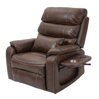 Pinnacle Lay Flat Recliner with Fold Out Tray Cup Holder & Wireless Phone Charger - Heat & Massage - Brown Leather