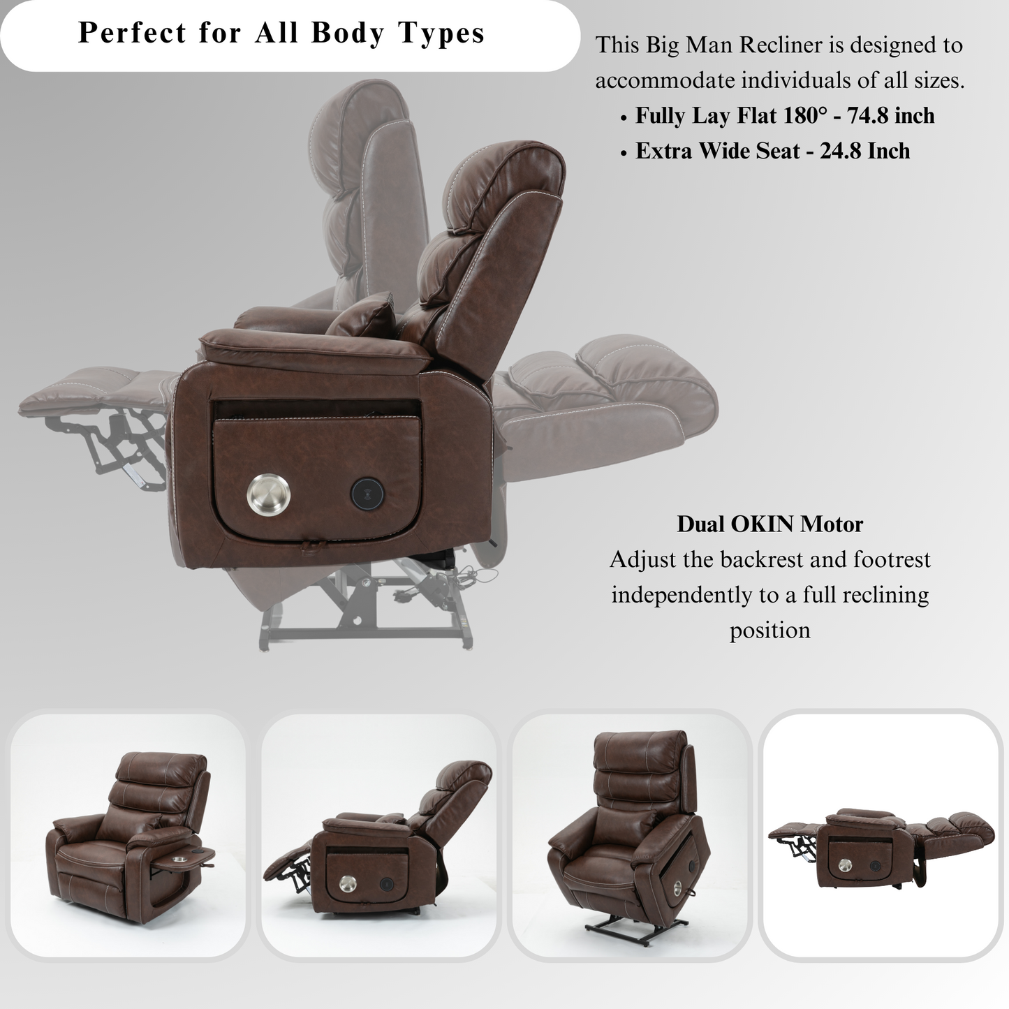 Pinnacle Lay Flat Recliner with Fold Out Tray Cup Holder & Wireless Phone Charger - Heat & Massage - Brown Leather