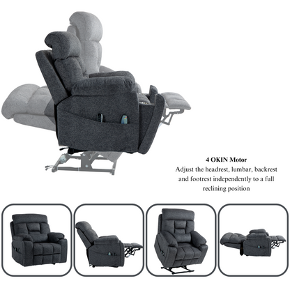 JUUXO Majesty Oversized 4-Motor Lay Flat Lift Recliner Chair with Heat & Massage - 400 lb - Grey Chenille