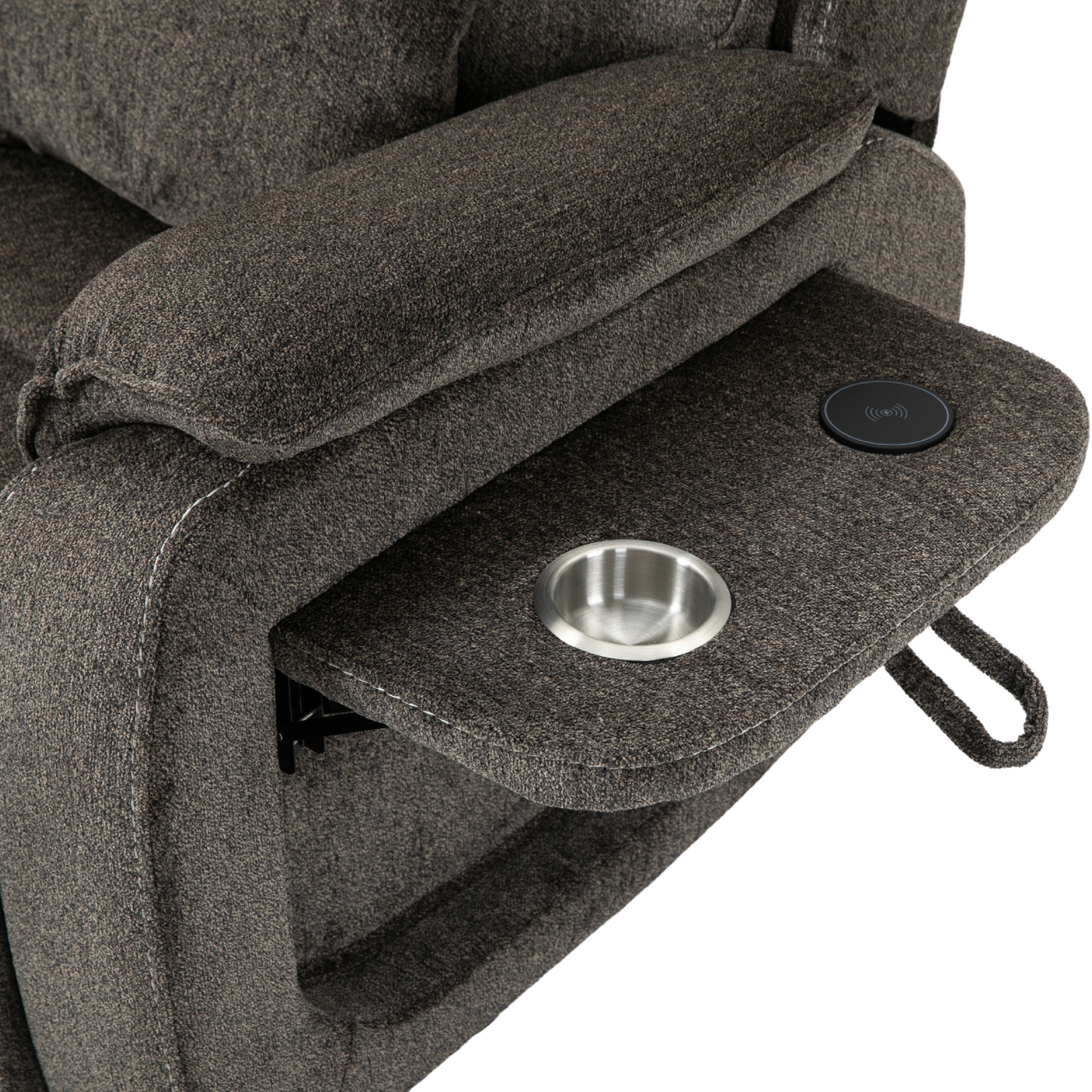 Pinnacle Lay Flat Recliner with Fold Out Tray Cup Holder & Wireless Phone Charger - Heat & Massage - Grey Chenille