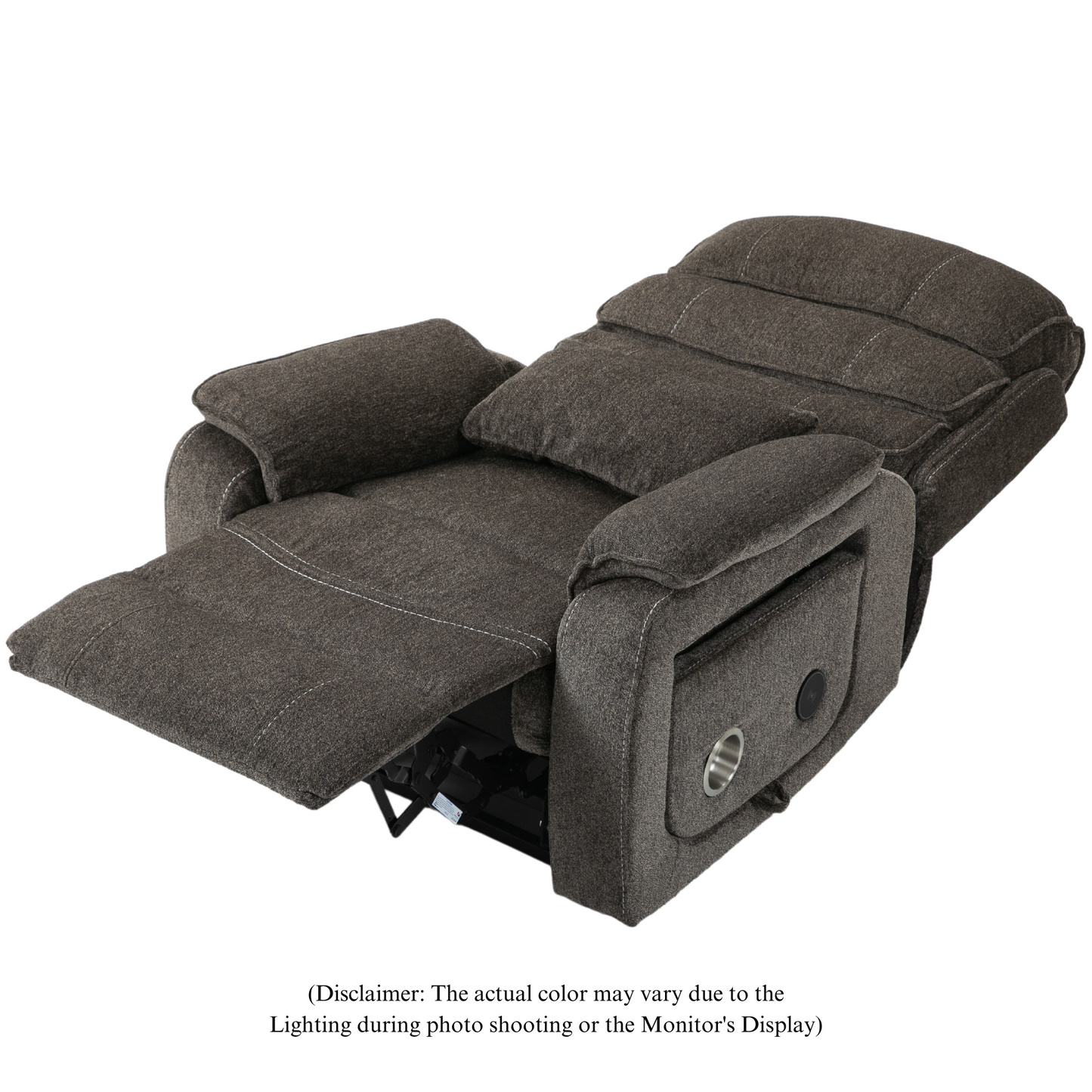 Pinnacle Lay Flat Recliner with Fold Out Tray Cup Holder & Wireless Phone Charger - Heat & Massage - Grey Chenille