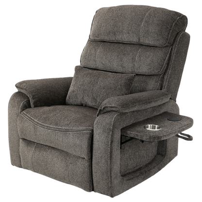 Pinnacle Lay Flat Recliner with Fold Out Tray Cup Holder & Wireless Phone Charger - Heat & Massage - Grey Chenille