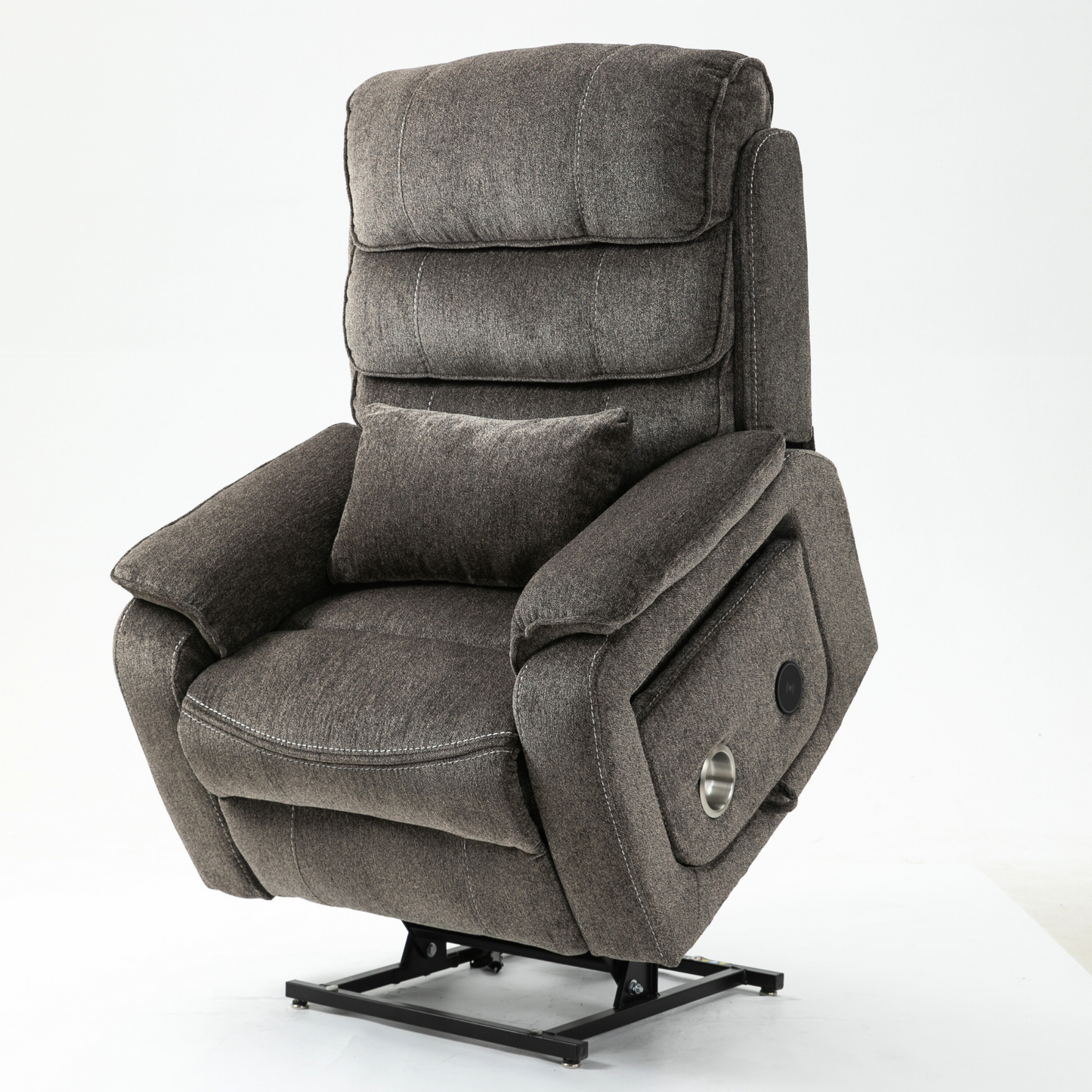 Pinnacle Lay Flat Recliner with Fold Out Tray Cup Holder & Wireless Phone Charger - Heat & Massage - Grey Chenille