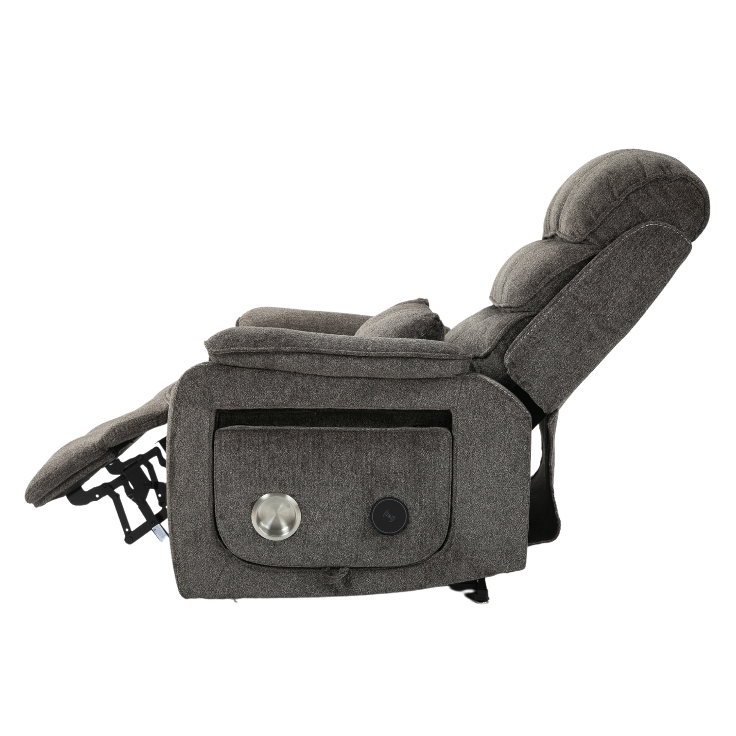 Pinnacle Lay Flat Recliner with Fold Out Tray Cup Holder & Wireless Phone Charger - Heat & Massage - Grey Chenille