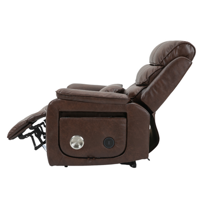 Pinnacle Lay Flat Recliner with Fold Out Tray Cup Holder & Wireless Phone Charger - Heat & Massage - Brown Leather