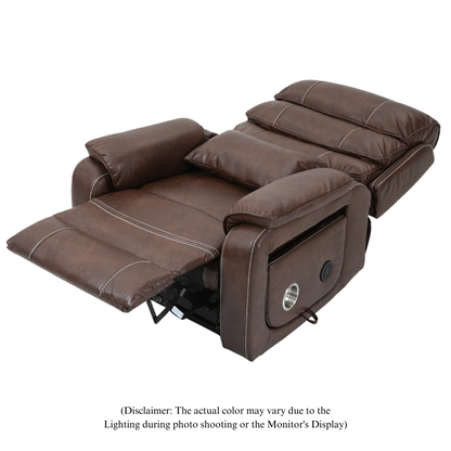 Pinnacle Lay Flat Recliner with Fold Out Tray Cup Holder & Wireless Phone Charger - Heat & Massage - Brown Leather