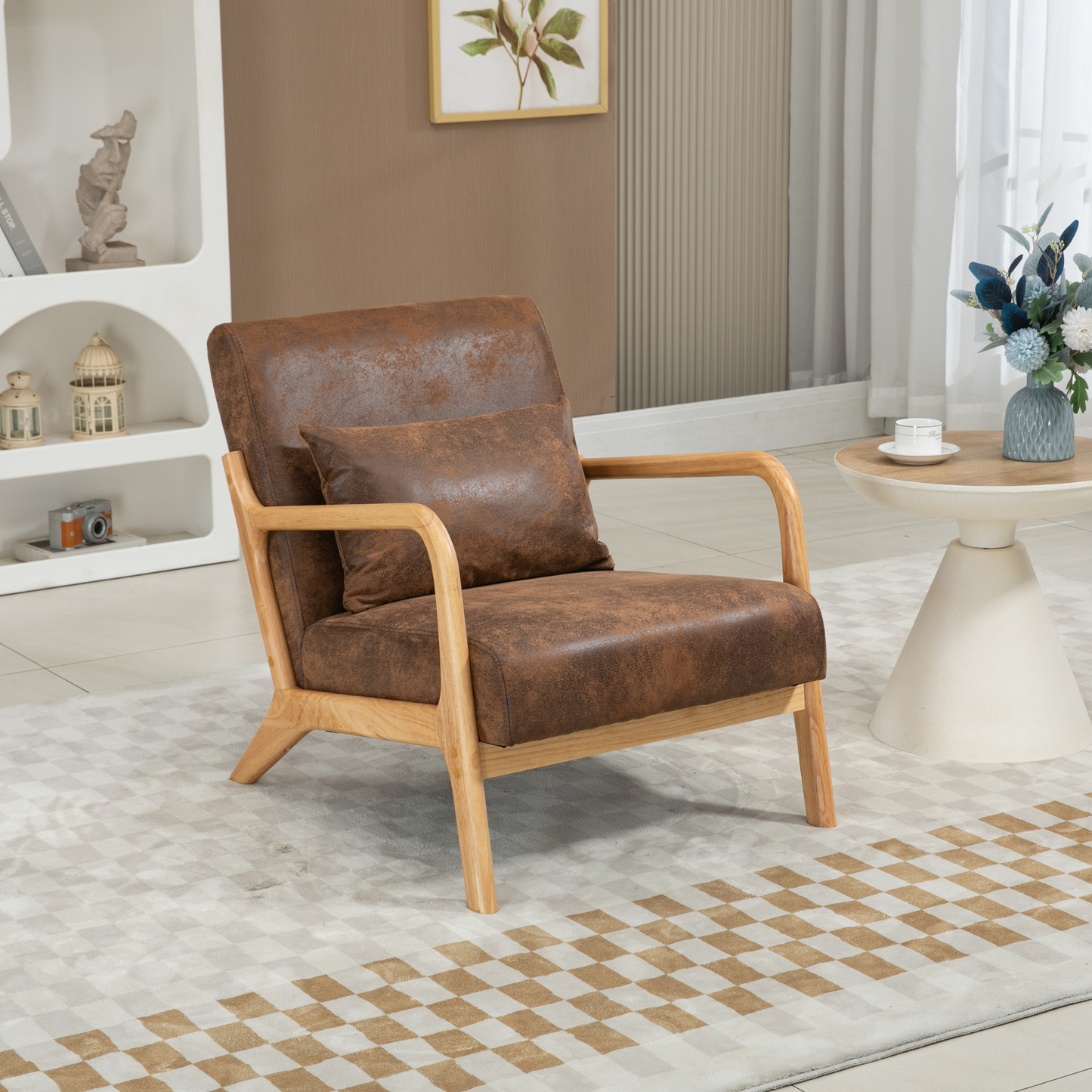 Mid-Century Modern Accent Chair - Solid Wood Frame with Upholstered Lumbar Cushion