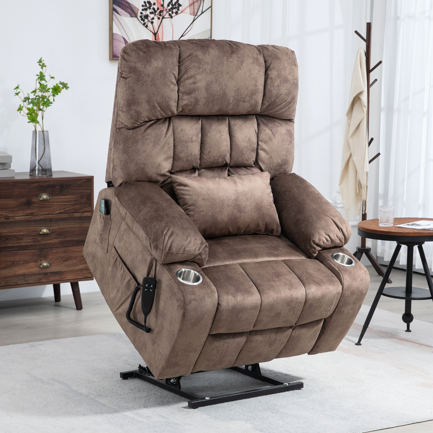 Widelay Oversized Lay Flat Recliner Lift  with Heat & Massage, 400 lbs - Brown Velvet