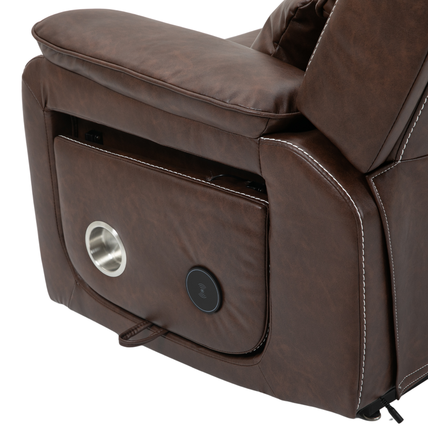 Pinnacle Lay Flat Recliner with Fold Out Tray Cup Holder & Wireless Phone Charger - Heat & Massage - Brown Leather