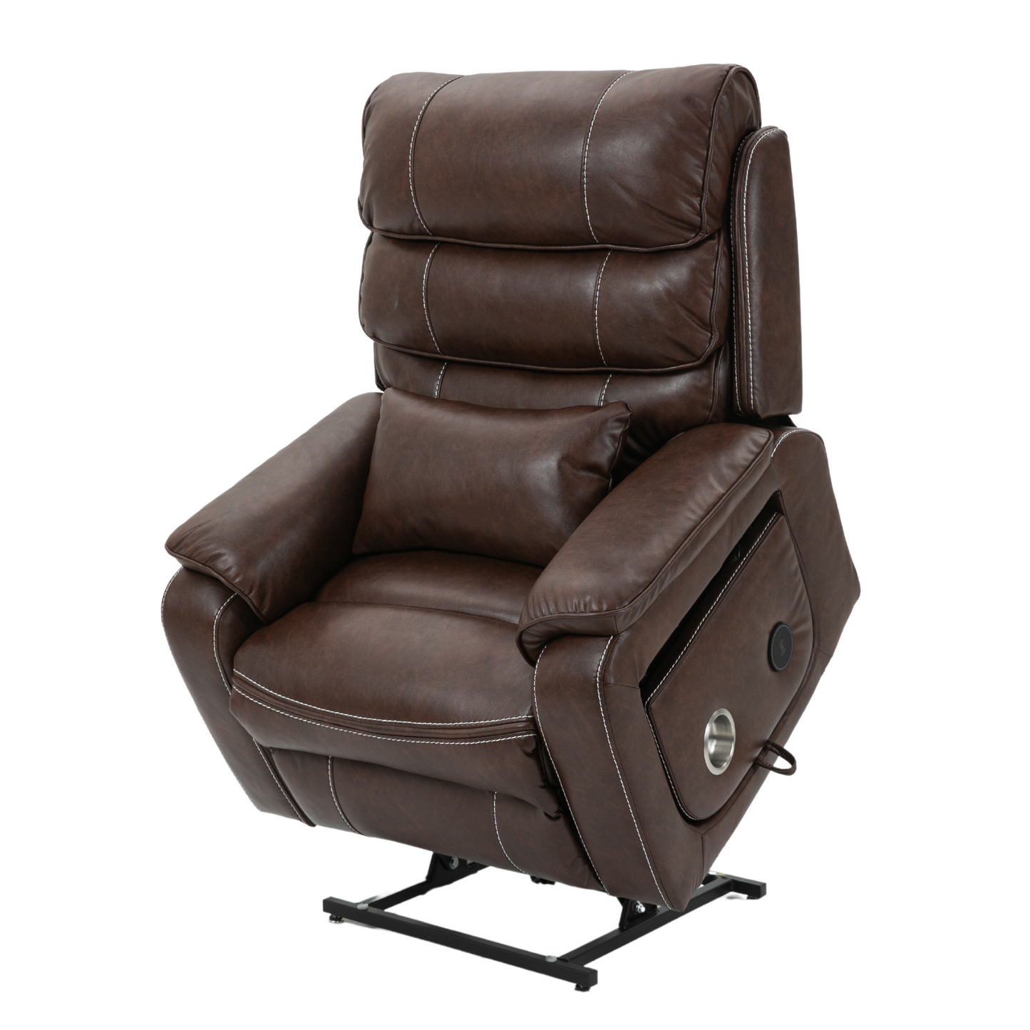 Pinnacle Lay Flat Recliner with Fold Out Tray Cup Holder & Wireless Phone Charger - Heat & Massage - Brown Leather