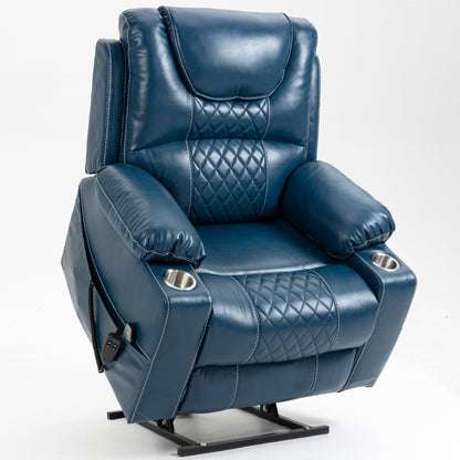 Panorama 3.0 Lay Flat Lift Recliner - Dual Motor Power Recliner with Heat & Massage - 400 lbs Capacity - NavyBlue Leather