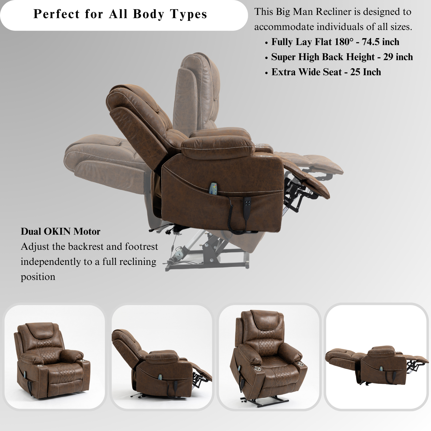 Panorama 3.0 Lay Flat Lift Recliner - Dual Motor Power Recliner with Heat & Massage - 400 lbs Capacity- Brown Suede