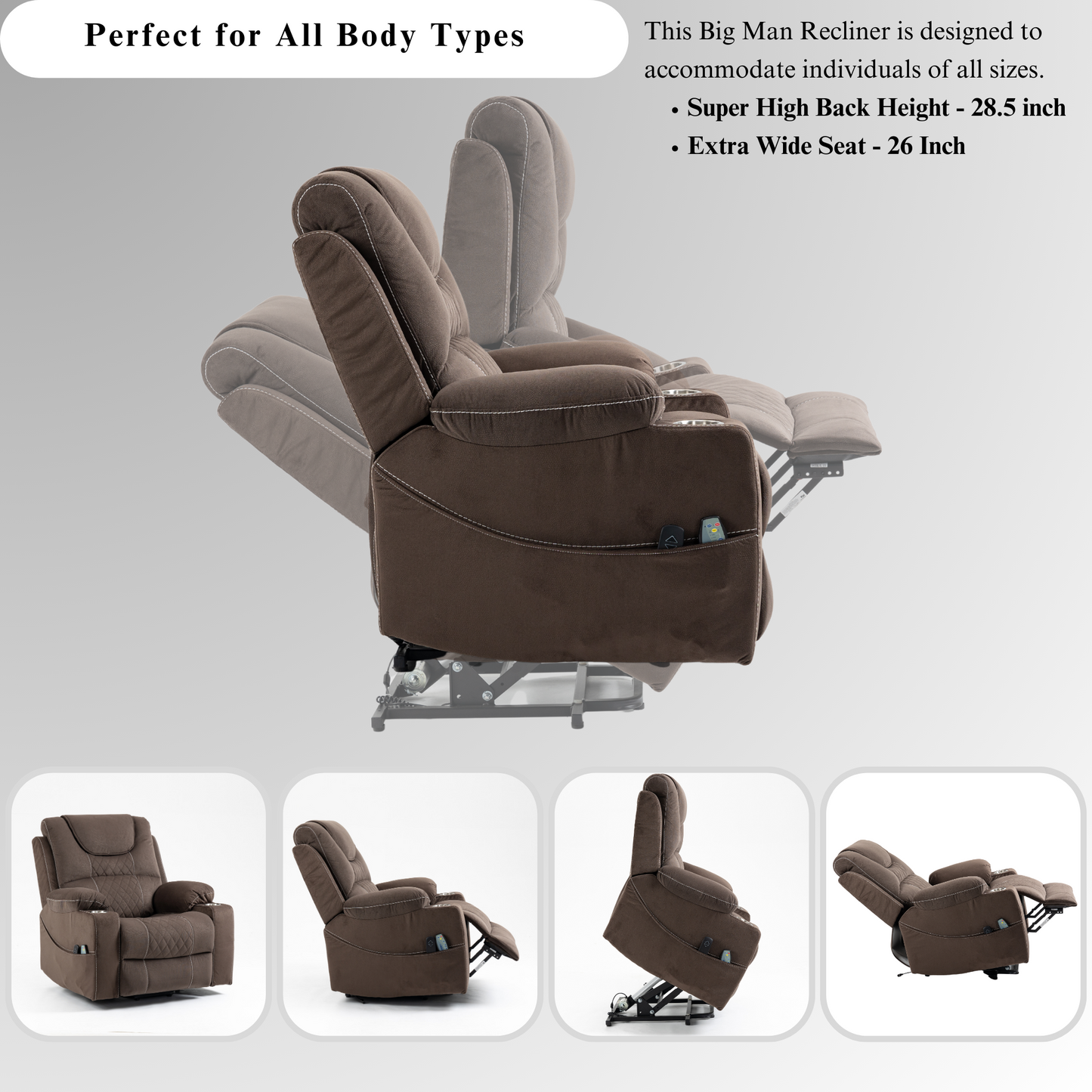 Panorama 1.0 Power Lift Chairs Recliners for Elderly -  Big Man Recliner with Heat & Massage- Brown Velvet