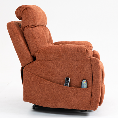 JUUXO Majesty Oversized 4-Motor Lay Flat Lift Recliner Chair with Heat & Massage - 400 lbs Capacity - Orange Chenille