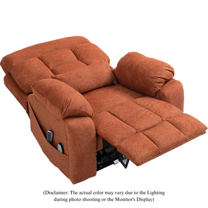 JUUXO Majesty Oversized 4-Motor Lay Flat Lift Recliner Chair with Heat & Massage - 400 lbs Capacity - Orange Chenille