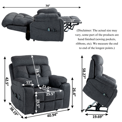 JUUXO Majesty Oversized 4-Motor Lay Flat Lift Recliner Chair with Heat & Massage - 400 lb - Grey Chenille