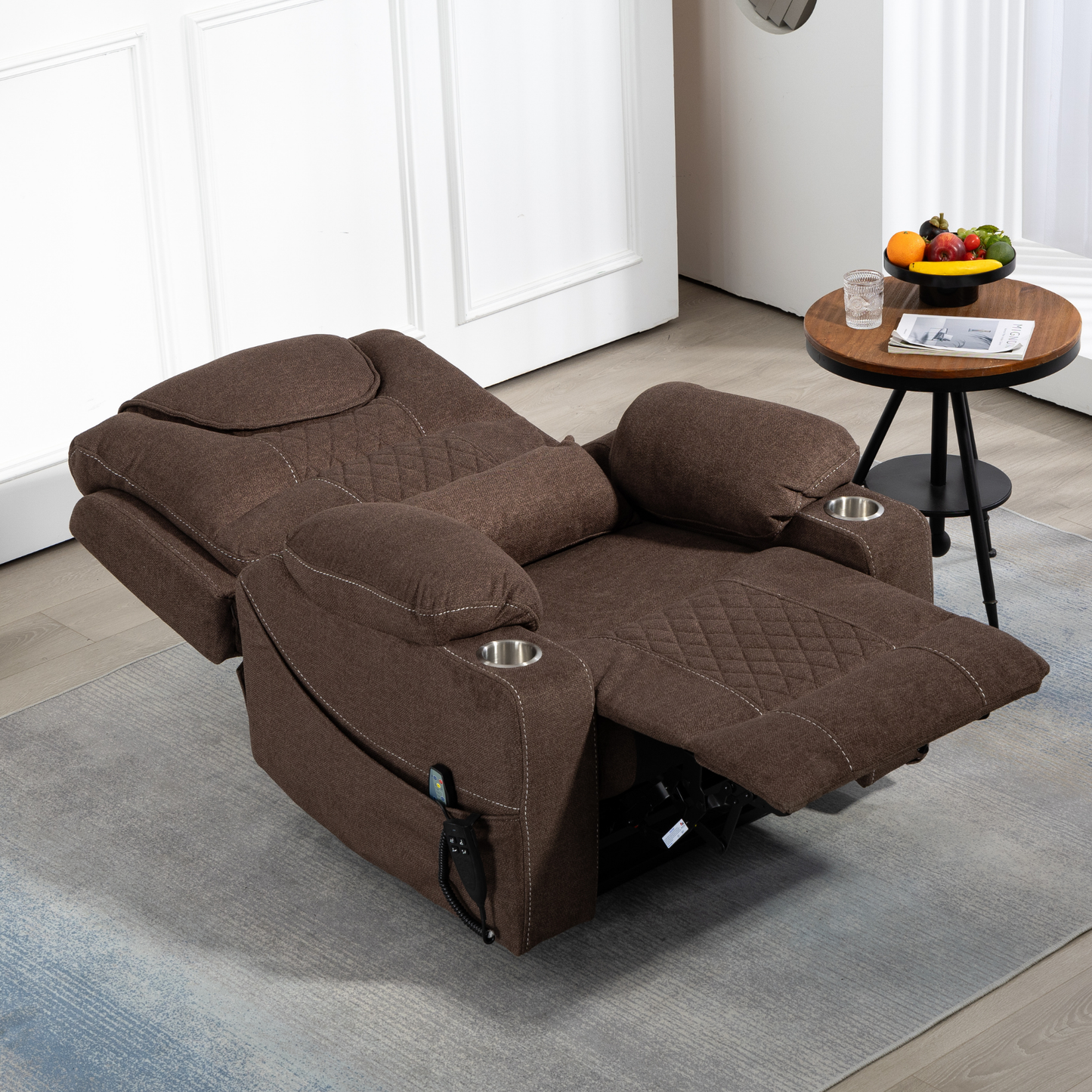 Panorama 3.0 Lay Flat Lift Recliner - Dual Motor Power Recliner with Heat & Massage - 400 lbs Capacity- Dark Brown Chenille