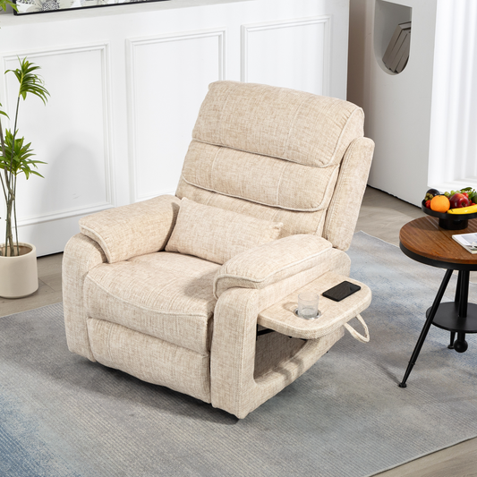 Pinnacle Lay Flat Recliner with Fold Out Tray Cup Holder & Wireless Phone Charger - Heat & Massage - Cream Chenille