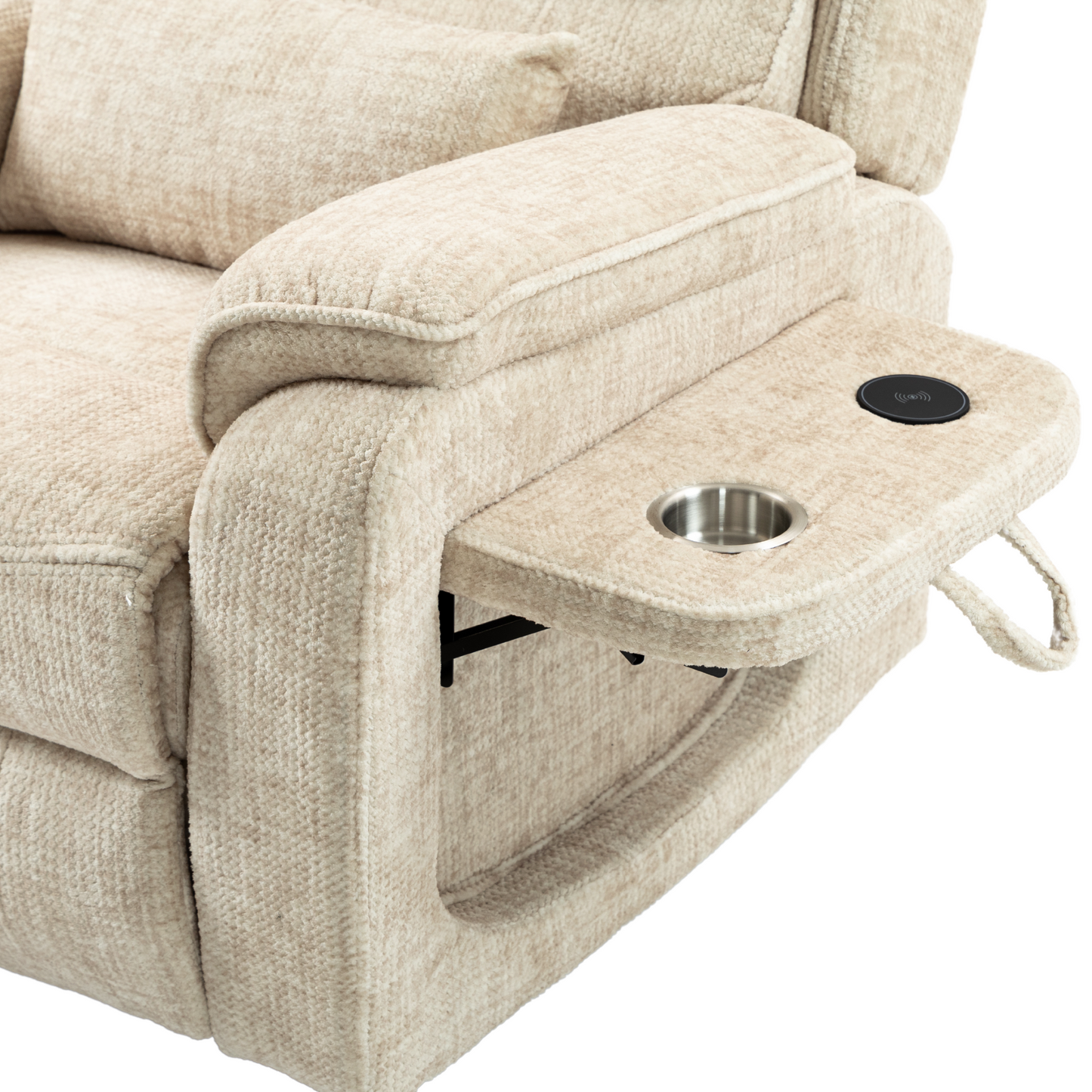 Pinnacle Lay Flat Recliner with Fold Out Tray Cup Holder & Wireless Phone Charger - Heat & Massage - Cream Chenille